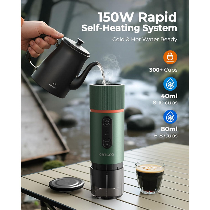 Портативна кавомашина для еспресо COTGCO 20 bar з акумулятором 13500mAh | Сумісна з Nespresso | Для кемпінгу, авто, офісу (зелена)