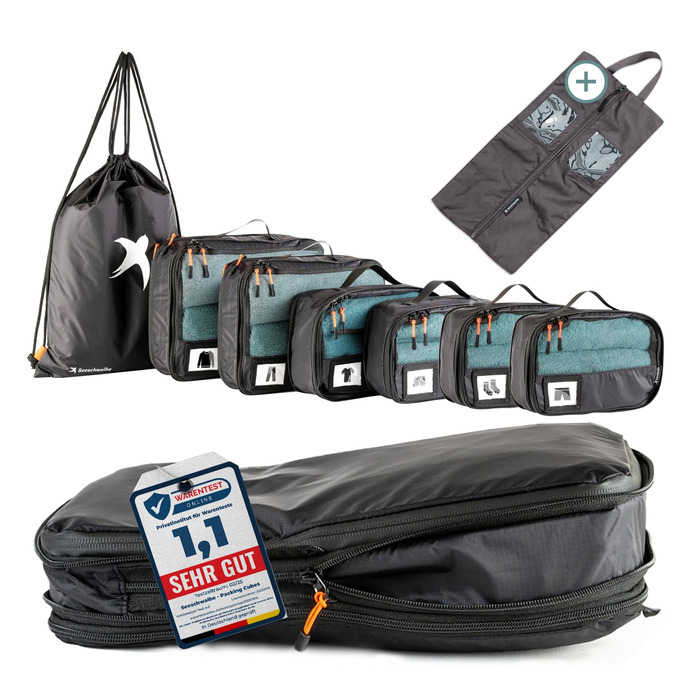 Набір компресійних органайзерів для одягу в подорожі Packing Cubes, 8 предметів, чорний — легкі сумки-пакувальники для рюкзака та валізи