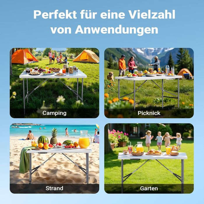 Складаний кемпінговий стіл Wiltec 122x60x75 см, стіл для пікніка, саду та виїзних заходів з ручкою для перенесення
