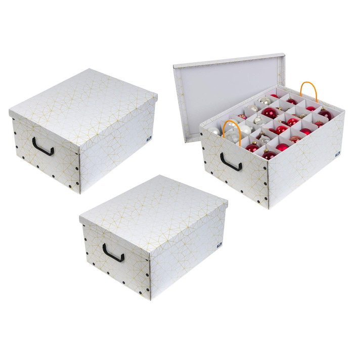 Декоративна коробка для прикрас XXL (3 шт.) білий/золотий - містка та якісна. Для зберігання до 40 ялинкових прикрас. Зручна коробка з міцного картону з пластиковими ручками.