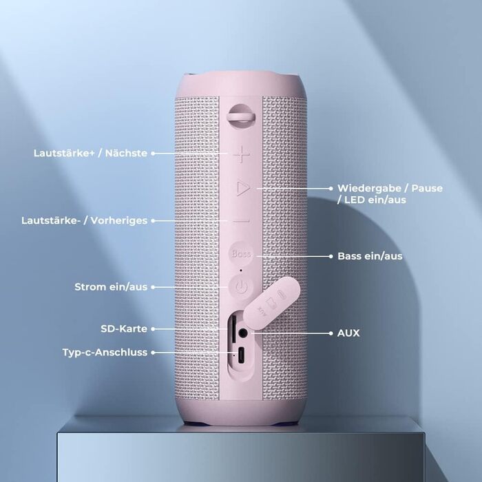 RIENOK Портативна Bluetooth Колонка з Підсвічуванням, Рожева, IPX7 Водонепроникна, 3600 mAh, Bluetooth 5.3, Бас, Стерео Звук