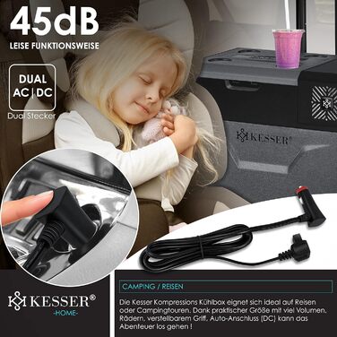 Електрична холодильна та морозильна камера KESSER® Kompressor, 50 літрів з керуванням через APP, USB, 12/24V/230V, телескопічна стійка, акумулятори холоду, колеса, охолодження до -20°C для авто, вантажівок, човнів, антрацит/чорний