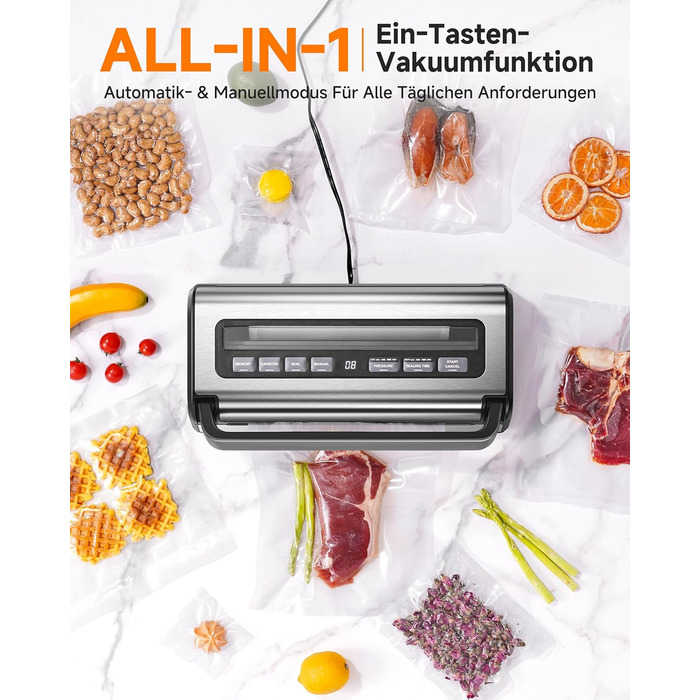 Вакууматор для продуктів 9-в-1 з потужністю 95 кПа, регулюванням часу та тиску, функцією пам'яті, подвійним запаянням, вбудованим різаком та відсіком для пакетів, корпус із нержавіючої сталі, у комплекті 2 ролини та шланг