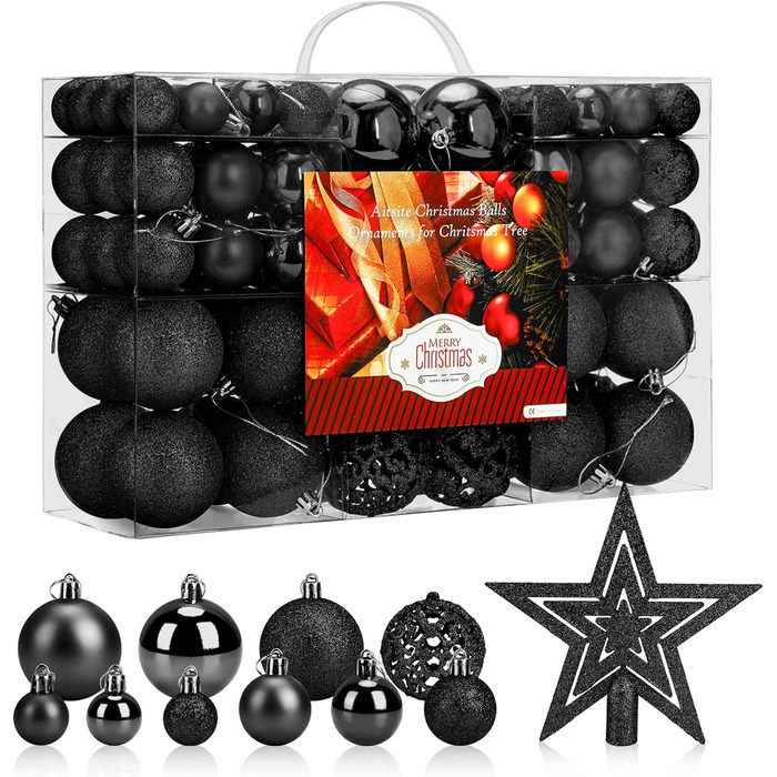 Кульки Aitsite 101 шт. Ялинкові кульки чорні 6см/4см/2см Пластикові ялинкові кульки настінні прикраси прикраси ялинкові кульки мішура прикраси дверей фестиваль прикраси чорний-101 шт.