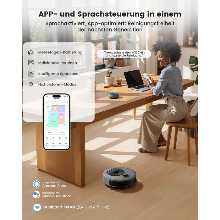 Робот-пилосос LEFANT M330 з функцією миття, 5000Pa, лазерна навігація, PSD-технологія, APP, 160 хв, для тварин, килимів, твердих підлог, сірий