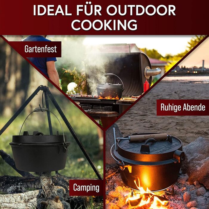 Набір Dutch Oven 4.5л: чавунний горщик для тушкування з ніжками, 2-в-1 кришкою, набором для чищення та рецептами. 30 років гарантії.