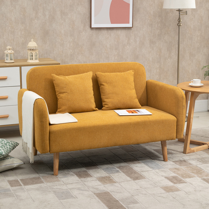 HOMCOM Подвійне диван-крісло Loveseat з подушками, регульовані підніжки, оксамитоподібний поліестер, піна, компактний дизайн, 2-місний, Натуральний+Жовтий| Aosom