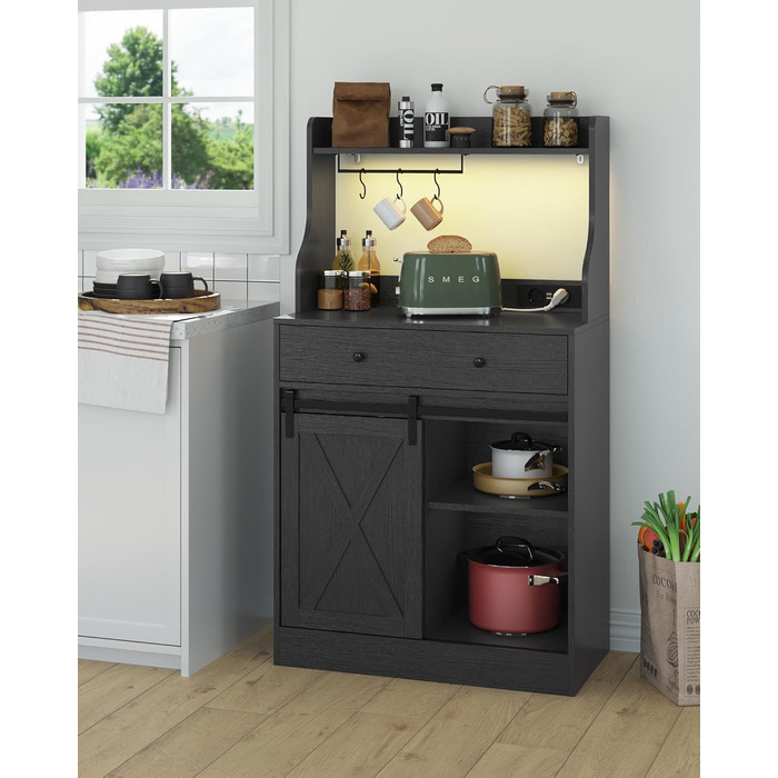 Чорний буфет-шафа з LED-підсвіткою, великою шухлядою та регульованими полицями для кухні, вітальні, їдальні