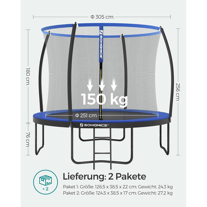 Батут SONGMICS садовий Ø305 см з захисною сіткою, драбиною, м'якими стійками, чорно-синій