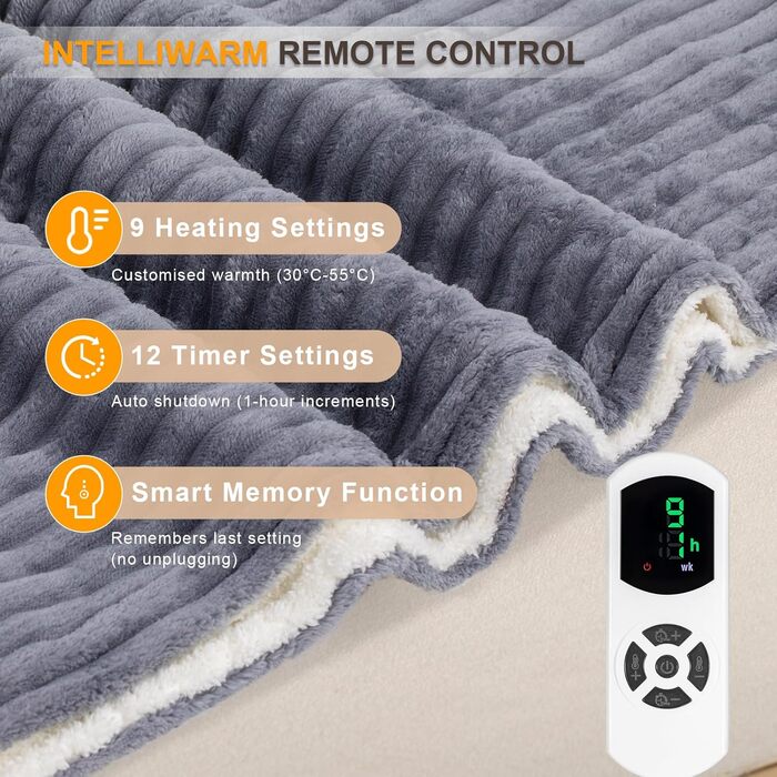 Електрична ковдра Nalone з автовимкненням 160*130 см, 9 температурних режимів, таймер 12 годин, захист від перегріву, пральна машина, фланель, сірий колір