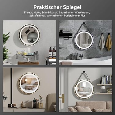 Дзеркало для ванної кімнати YOURLITE з підсвічуванням, 60 см, кругле, LED, 3 кольори, регулювання яскравості, сенсорний вимикач, антизапарник, пам'ять, IP44, чорний