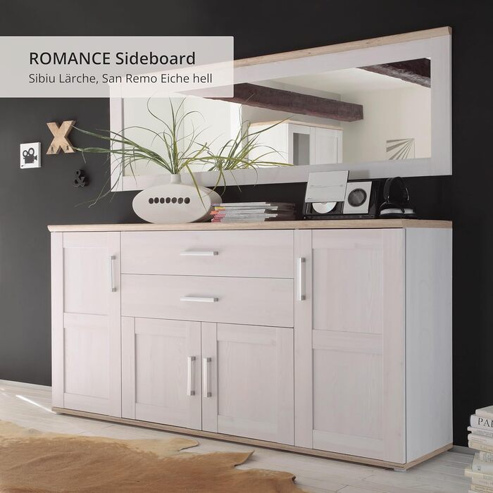 Тумба-консоль Stella Trading ROMANCE в стилі кантрі, матеріал: осика, колір: горіх/дуб Сан Ремо, 186 x 100 x 46 см. Велика тумба для вітальні з великим об'ємом зберігання.