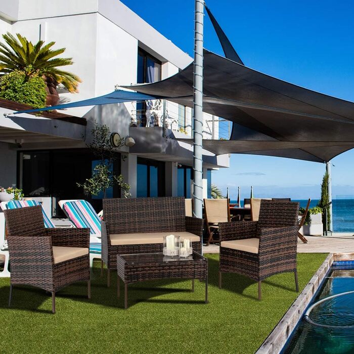 Набір садових меблів Leadzm: комплект для балкона, тераси або саду. Полирожний ротанг, стійкий до погодних умов та UV-захистом. Комплект включає: диван на 2 особи, 2 крісла, місця для 4 осіб. Колір: коричневий.