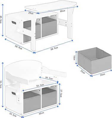 Дитячий стіл з лавкою, дитячі меблі 2 в 1, Комод з місцем для зберігання, Білий Сірий