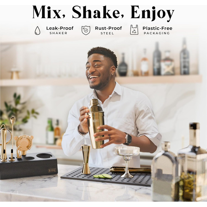 Набір для бармена BARE BARREL® з 14 предметів | Набір шейкерів для коктейлів | Професійний барний інвентар для дому | 35 рецептів + подарунковий набір | Золотий шейкер Cobbler 24oz