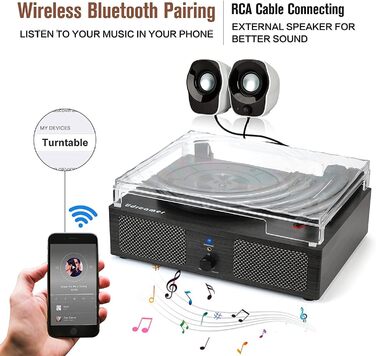 Вініловий програвач Udreamer з Bluetooth, вбудованими динаміками та ремінним приводом, 3 швидкості, дерев'яний корпус, чорний, вінтажний дизайн для музики та декору