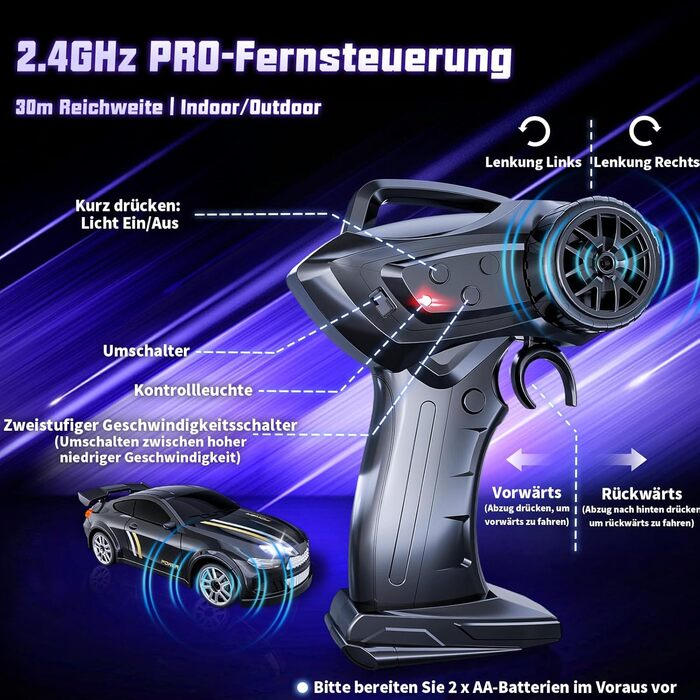 RC Дрифт-кар Mini Drift 1/64 з LED підсвіткою, 2 режими швидкості, чорний. Радіокерована іграшка для дітей та дорослих з перешкодами та килимком для перегонів