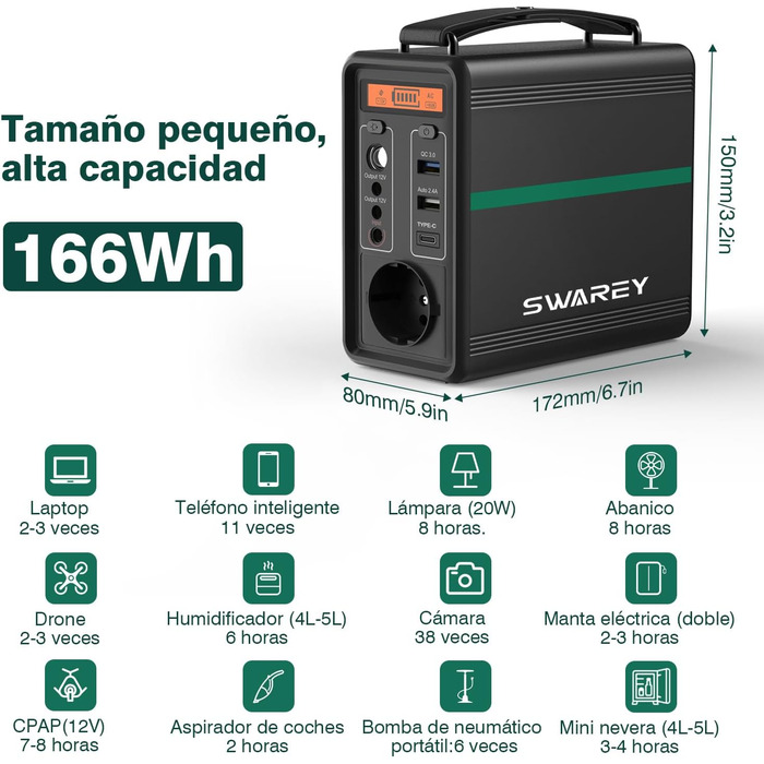 Портативна електростанція SWAREY 166 Втгод, 230 В змінного струму, 2 DC, USB-C PD 30 Вт, акумулятор LiFePO4, сонячний генератор S166