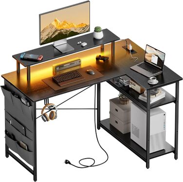 Кутовий стіл HLONONE з LED-підсвіткою та розетками, 110 x 80 см, з полицею, для комп'ютера, геймінгу, офісу, дому, білого (чорного) кольору