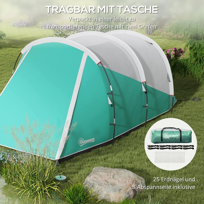 Намет Outsunny Tunnel Camping Tent для 5 осіб Сімейний намет з 2 кімнатами та сумкою для перенесення 3000 мм водяний стовп у зеленому кольорі для саду