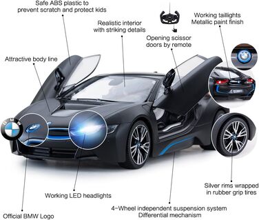 Радіокерований автомобіль Rastar BMW i8 1:14 сріблястий - Модель авто з дистанційним відкриттям дверей