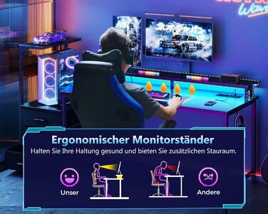 Ігровий стіл Coleshome з ящиками, 151x50 см, LED-підсвічуванням та розеткою, стіл для комп'ютера з полицями та підставкою для монітора, карбон, чорний