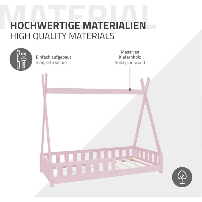 Дитяче ліжко-халапа Tipi ML-Design біле з бортиками та ламелями, з сосни, індіанське ліжко для дівчаток та хлопчиків, ліжко-будиночок з огорожею, підлогове ліжко-халапа для дітей та підлітків, ігрове ліжко-намет (80x160 см з матрацом, рожеве)