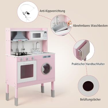 Дитяча кухня з дерева з аксесуарами, витяжка, пральна машина, звуки та світло, рожевий