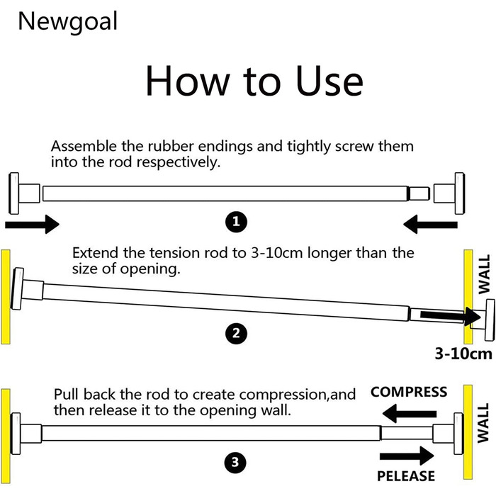 Карниз для душових штор Newgoal з телескопічною рейкою без свердління Надійна фіксація з нержавіючої сталі Регульована довжина Універсально використовується як штора для душової штанги Штанга для одягу, оснащений 12 кільцями для душових штор (чорний, 85-1