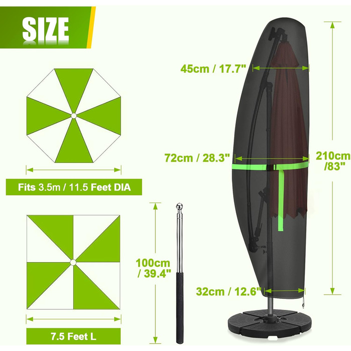Чохол для парасольки GEMITTO, водонепроникний, для парасольки типу 'ампель', 280x30x81/46 см, захист від сонця та вітру, підходить для парасольок від 2 до 4 м