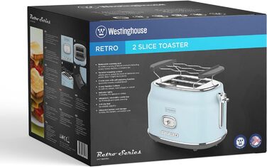 Ретро-тостер Westinghouse 2 скибочки, знімна насадка для булочки, 6 налаштувань підрум'янювання, центрування хліба, розморожування, розігрівання та зупинка, світловий індикатор, висувний лоток для крихт, світло-блакитний