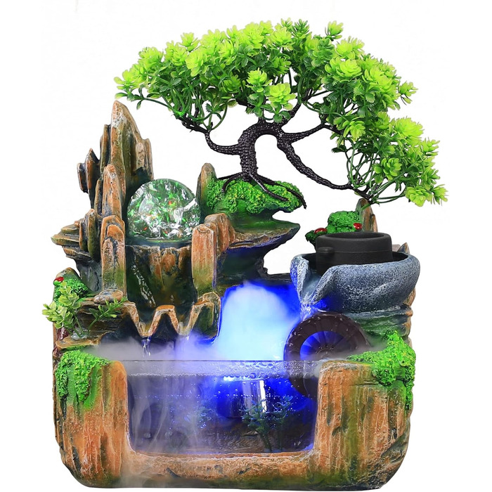 Фонтан HarBin-Star для дому та саду з LED-підсвіткою, водоспад, туман, кришталева куля, зелена рослина, десктопний фонтан, 34 x 24 x 34 см