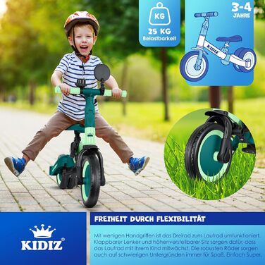 Біговел-триколіс KIDIZ 6-в-1 для дітей 1-5 років до 25 кг, з ручкою, захисним бампером, ременем безпеки, дзвінком та дзеркалом (зелений)