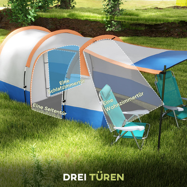 Outsunny Camping Tent, тунельний намет для 3 осіб, з легким гачком, тент, 2 кімнати, вітрозахисний сімейний намет із сумкою для перенесення, водовідштовхувальний висувний намет 2000 мм для кемпінгу, саду, помаранчевого