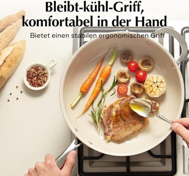 Сковорода Redchef 28 см з кришкою, антипригарне покриття, керамічна сковорода, індукційна сковорода з нержавіючою ручкою, без PTFE, PFOA, PFAS, для духовки, придатна для миття в посудомийній машині, бежева