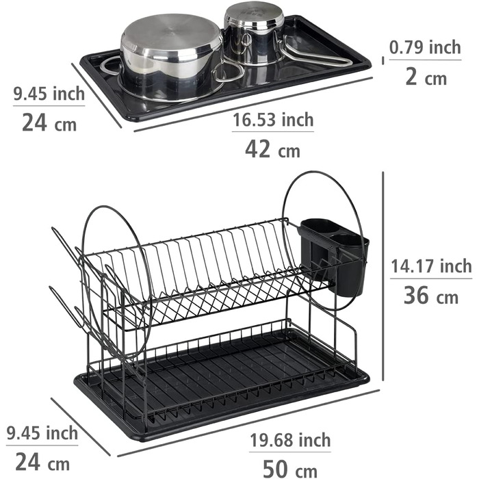Сушарка для посуду WENKO Premium Duo, талант організатора, підставка для посуду для кухні, сушарка для посуду з ящиком для столових приладів і підставкою для тарілок, 52 x 36 x 24 см, металева, (Чорний / Чорний)
