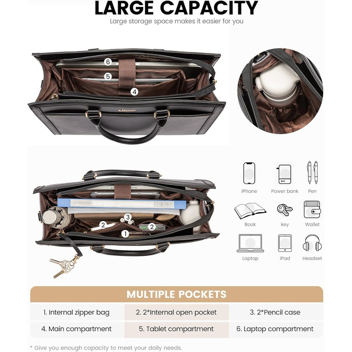 LOVEVOOK Сумка для ноутбука 15.6 дюймів, жіноча, велика, з PU-шкіри, для роботи, навчання, універсальна, чорна