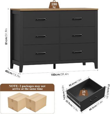 Комод HOCSOK з 6 висувними ящиками, чорний комод з дерев'яною полицею, шафа для зберігання в вітальню, спальню, кімнату для підлітків та коридор, 100x40x81 см