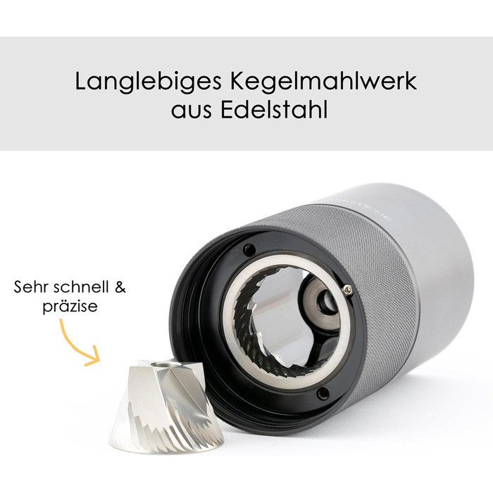 Кавомолка ручна з прецизійним шліфувальним механізмом з нержавіючої сталі та дерев'яним руків'ям - конічний жорно для еспресо, кавомолка для еспресо, нержавіюча сталь (чорний)