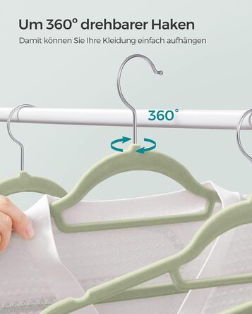 Плечики SONGMICS для одягу, велюрові, 20 шт., антиковзаючі, для краваток, 360° обертання, 0,6 см, економія місця, 43,5 см, для пальто, штанів, срібно-світло-зелені