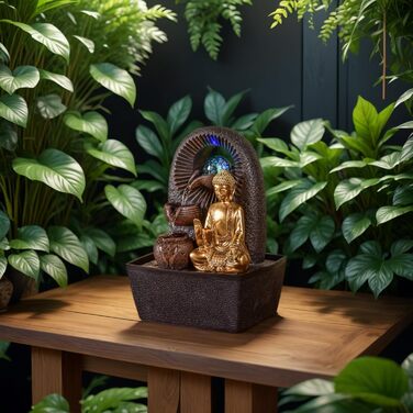 Джерело води Zen'Light від Zimmerbrunnen з Буддою та LED-підсвічуванням. Сучасна декорація для медитації та релаксації. Об'єкт Фен-Шуй, висота 26 см, колір горіх (Bhava)