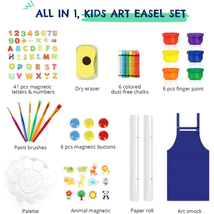 Дитяча мольберт Kinder 3-в-1 з магнітною дошкою, для малювання, висотою регулюється, блакитний, подарунок для дітей