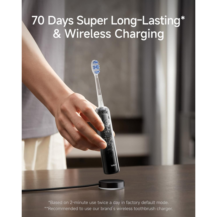 Електрична зубна щітка Laifen Wave Pro з 6 режимами чищення, акумулятор до 70 днів, прозорий чорний колір