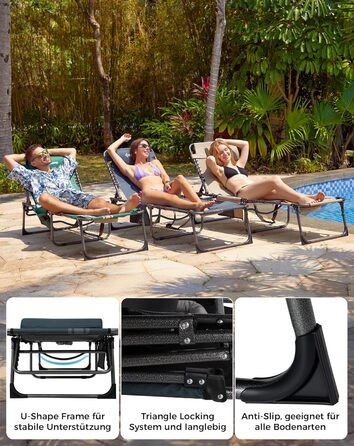 Лежак для відпочинку KingCamp великого розміру, складаний, 5 положень, для саду, кемпінгу, пляжу, 200 x 68 см, сірий, з подушкою та кишенею, до 200 кг