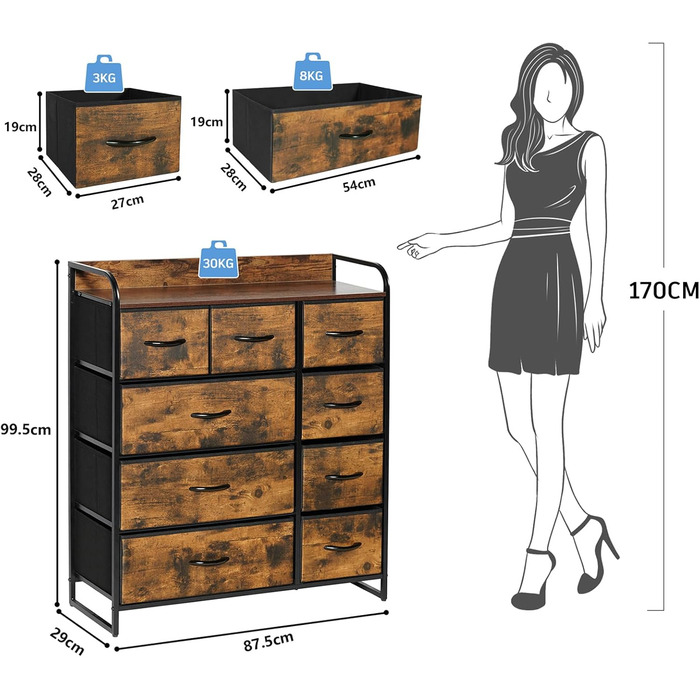Комод з 9 тканинними ящиками, сервант для кухні/офісу/передпокою, вінтажний коричневий