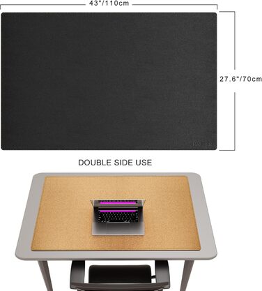 Килимок на стіл MAIDERN XXL 110x70 см — двосторонній килимок для миші зі шкіри та корка, водонепроникна протиковзаюча підкладка для офісу, дому та геймінгу, чорний
