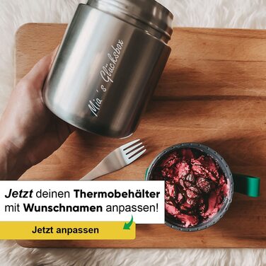 Термос з нержавіючої сталі з власною гравіюванням I I з пензликом і шпоркою I Термос для дитячого пюре можна мити в посудомийній машині I персоналізовані екологічно чисті подарунки I для гарячих і холодних страв (срібло, 530 мл)