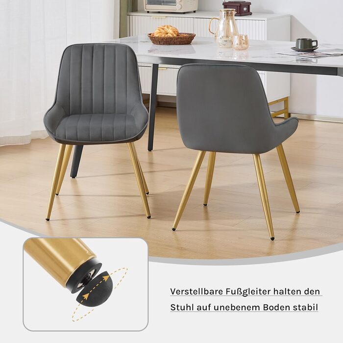 Набір з 2 стільців Lestarain для їдальні, вітальні, кухні. Ретро стільці з м'яким сидінням (велюр, темно-сірий), металеві ніжки, до 150 кг.