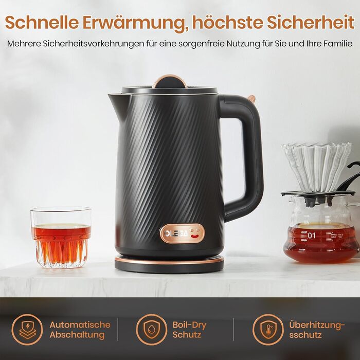 Електричний чайник OLEGA 1.8L, 1800W, нержавіюча сталь, автоматичне відключення, захист від сухого кип'яття