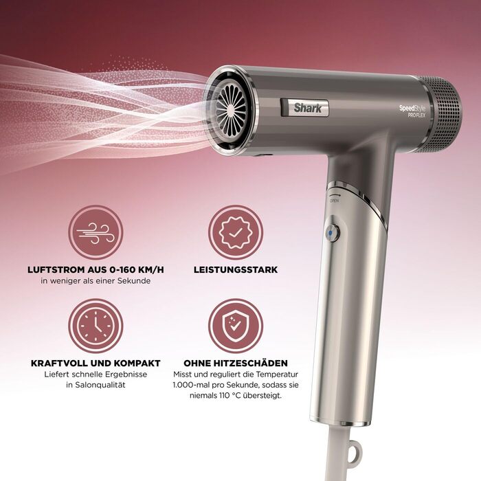Фен Shark SpeedStyle Pro FLEX: потужний, з 4 насадками, для всіх типів волосся, Mocha Silver HD542EU